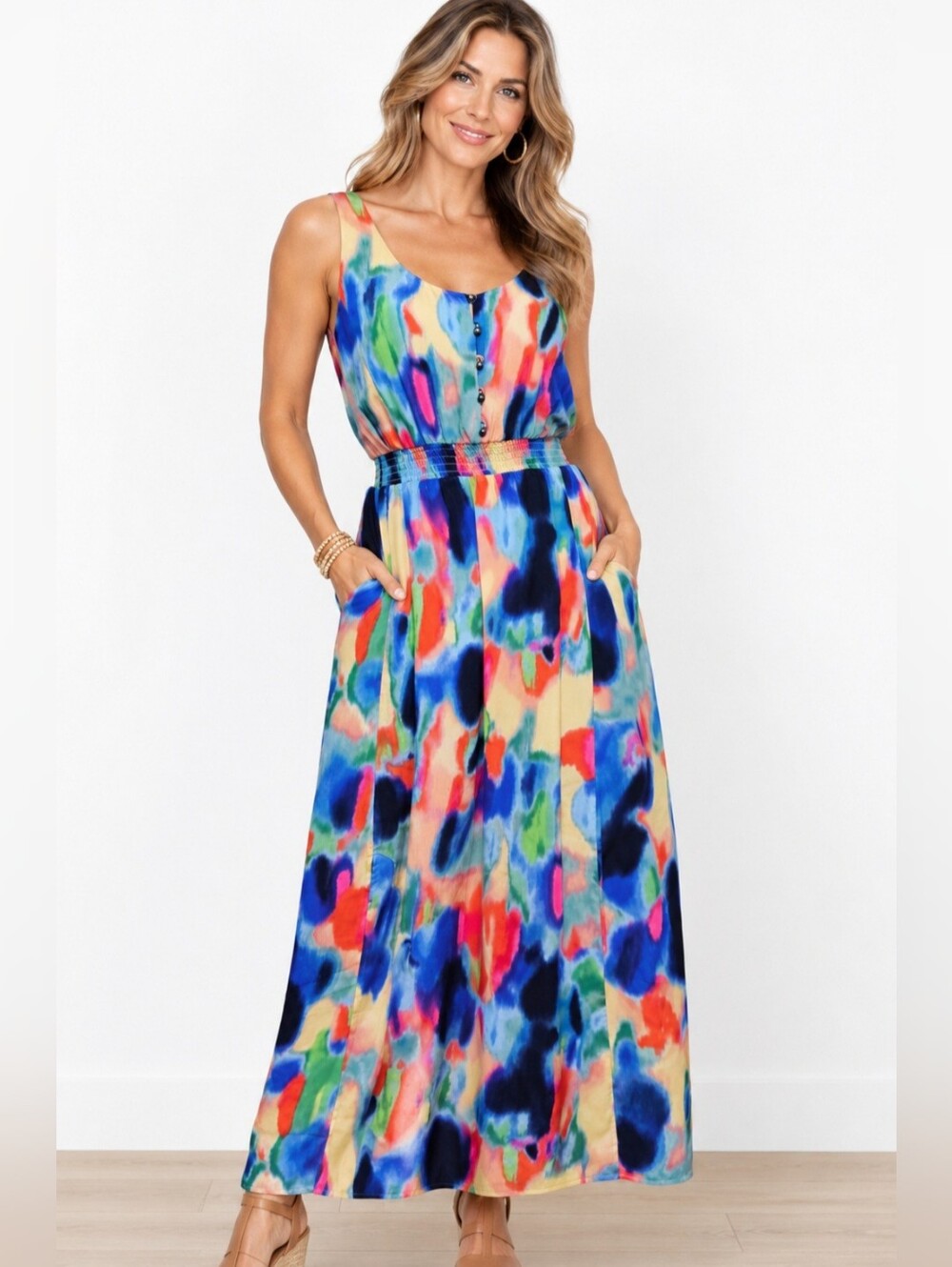 Maeve Anthropologie Aloisia Dress Size 6 100% Silk Watercolor Maxi Pockets Boho
